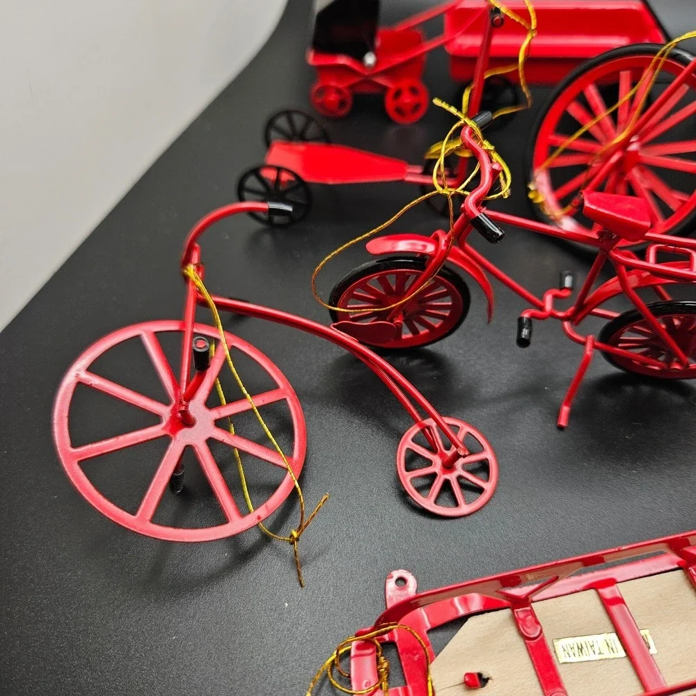 Vintage Red Metal Miniature Vehicles & Sled Christmas Ornaments Lot of 11 Taiwan